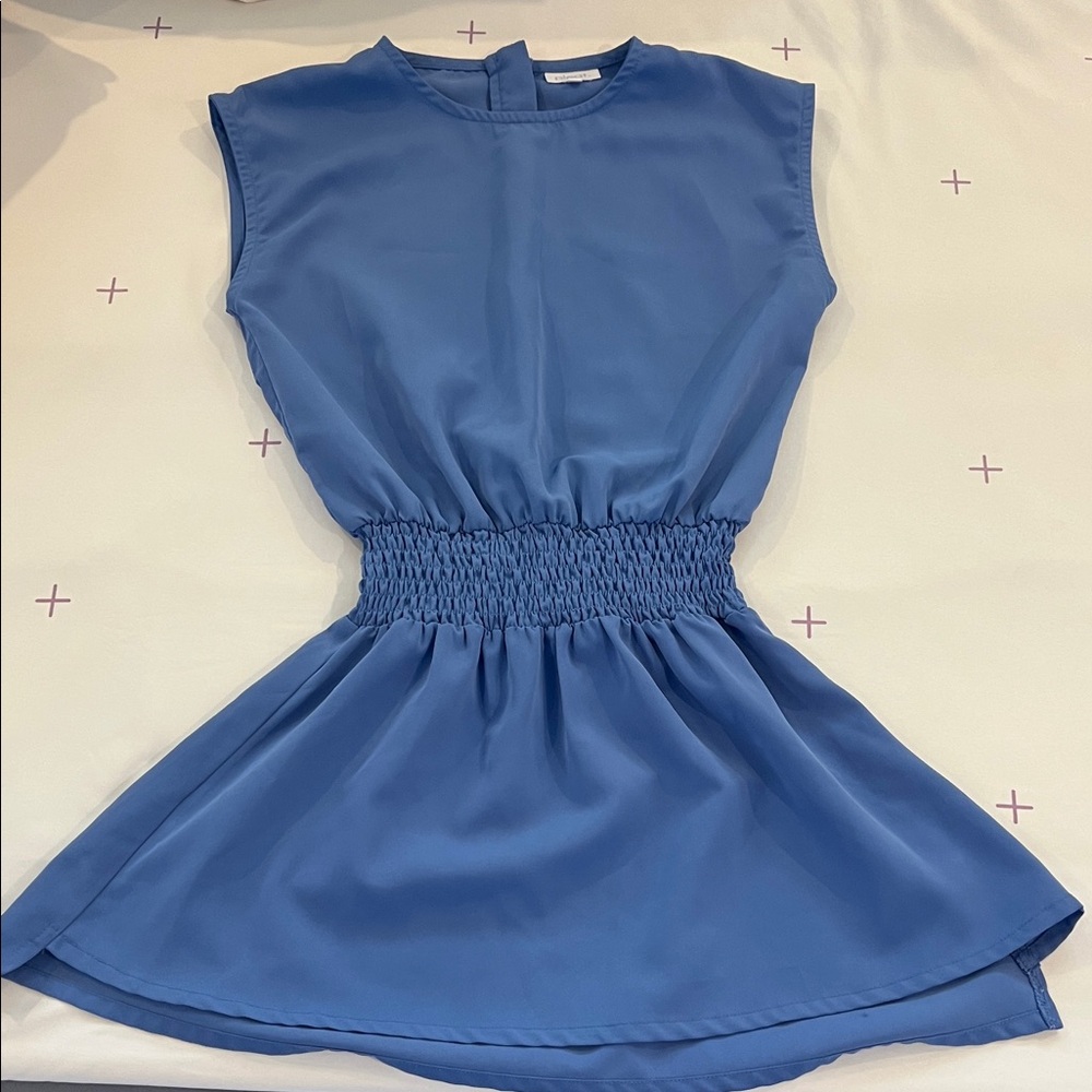 Pleat Collection Smocked Waist Blue Sleeveless Dress